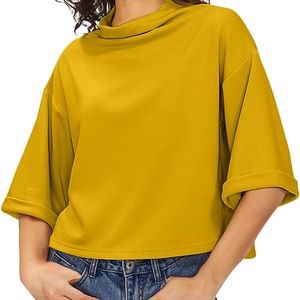 Mock Neck Cropped Loose Short Sleeve Shirt Mustard Yellow - M
